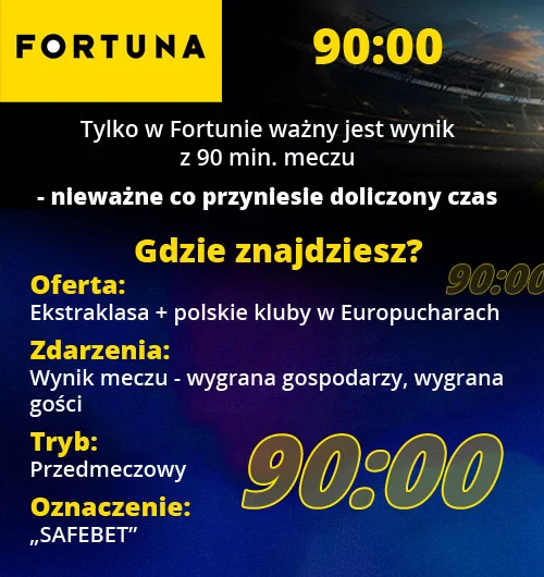 Zasada „90:00" jest unikalna w skali kraju - Fortuna rozlicza zakłady na podstawie wyniku dokładnie z 90. minuty meczu. Fortuna - 90:00