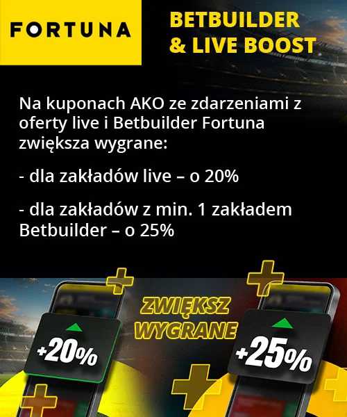 „Betbuiler Boost" i „Live Boost" mocno zwiększają wygrane z zakładów AKO (min. 3 zdarzenia). Konieczne jest jednak obstawianie na żywo lub przez Betbuilder. Fortuna - Betbuilder Boost i Live Boost