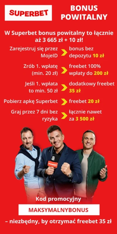 Jeśli podczas rejestracji konta podasz kod promocyjny Superbet MAKSYMALNYBONUS, do standardowego bonusu powitalnego dostaniesz dodatkowo freebet 35 zł