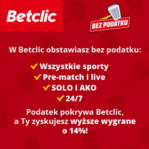 Dzięki promocji „Bez podatku" w Betclic większość zakładów może przynosić Ci większe wygrane. To tak, jakbyś nie płacił podatku od gier.