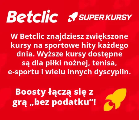 Podwyższone kursy na topowe wydarzenia sportowe wyróżnione są w Betclic ikonką żółtej rakiety. Betclic - Super Kursy