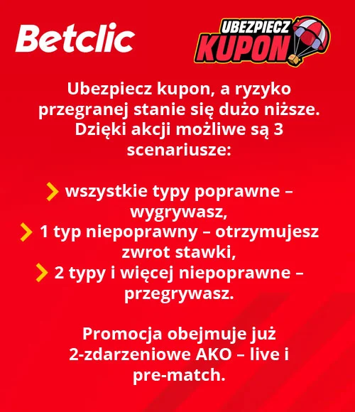 Jeśli obstawisz „ubezpieczony kupon" i popełnisz na nim 1 błąd, nie zaliczysz straty - Betclic dokona zwrotu stawki zakładu. Betclic - Ubezpiecz kupon