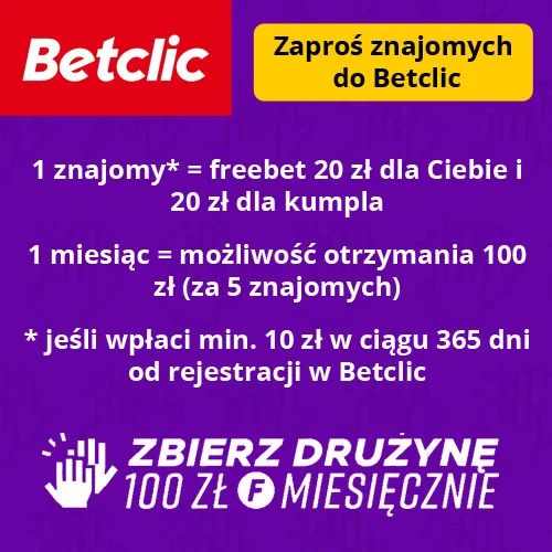 W ramach akcji „Zbierz Drużynę" w Betclic możesz zgarnąć co miesiąc 100 zł na grę u bukmachera. Betclic - Zbierz Drużynę