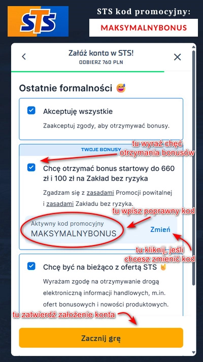 Pole na wpisanie kodu promocyjnego STS znajduje się na ostatniej stronie formularza rejestracyjnego. STS kod promocyjny