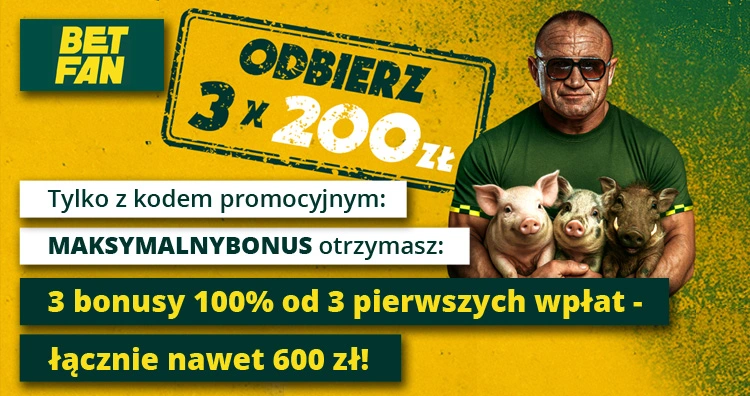 W Betfan kod promocyjny służy do odblokowania bonusu powitalnego o wartości do 600 zł Betfan kod promocyjny - bonus powitalny 3 x 200 zł