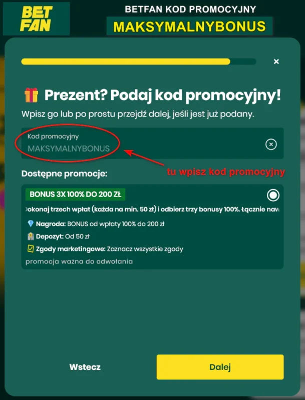 W Betfan kod promocyjny należy podać na przedostatniej stronie formularza rejestracji konta gracza