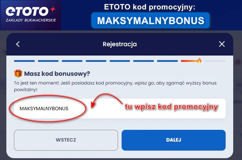 W ETOTO kod bonusowy można wpisać tuż przed końcem rejestracji konta gracza