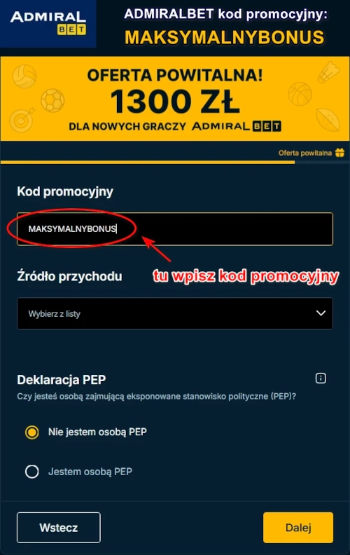 Kod promocyjny AdmiralBet warto podać tuż przed końcem rejestracji w specjalnym polu pt. Kod promocyjny kod promocyjny AdmiralBet