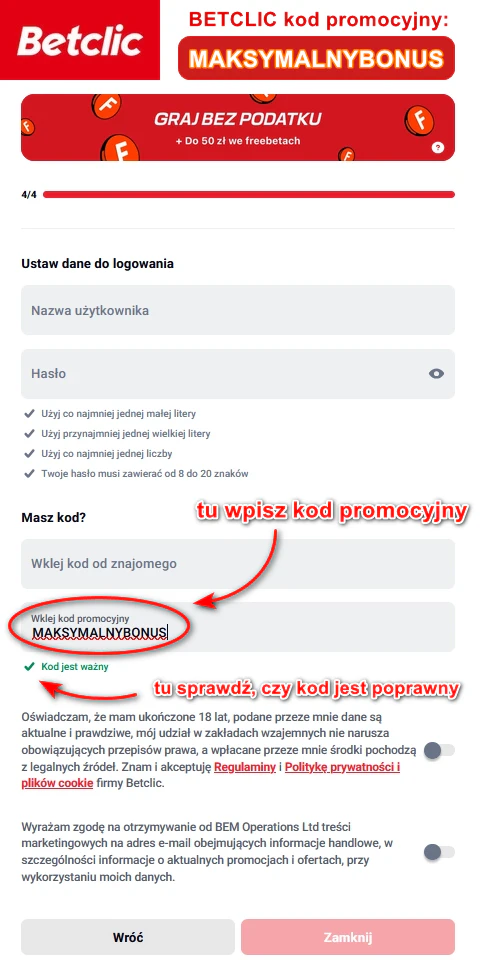 Jeśli wpiszesz poprawny kod promocyjny Betclic, poniżej wyświetli się specjalny komunikat potwierdzający ważność kodu kod promocyjny Betclic