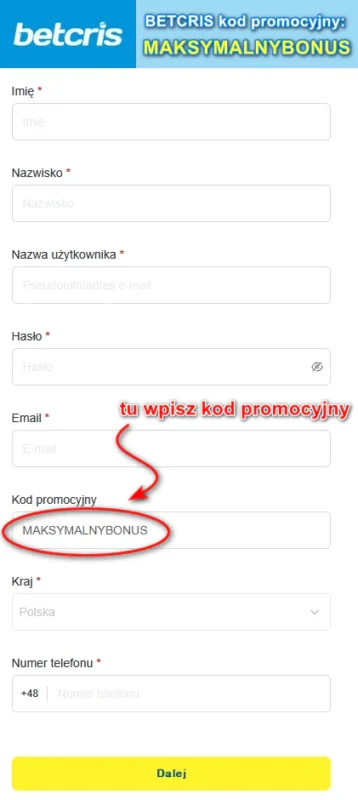 W Betcris kod promocyjny należy podać już na 1. stronie rejestracji