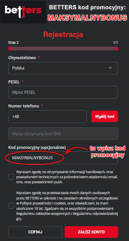 W formularzu Betters kod promocyjny należy wpisać tuż przed końcem rejestracji kod promocyjny Betters