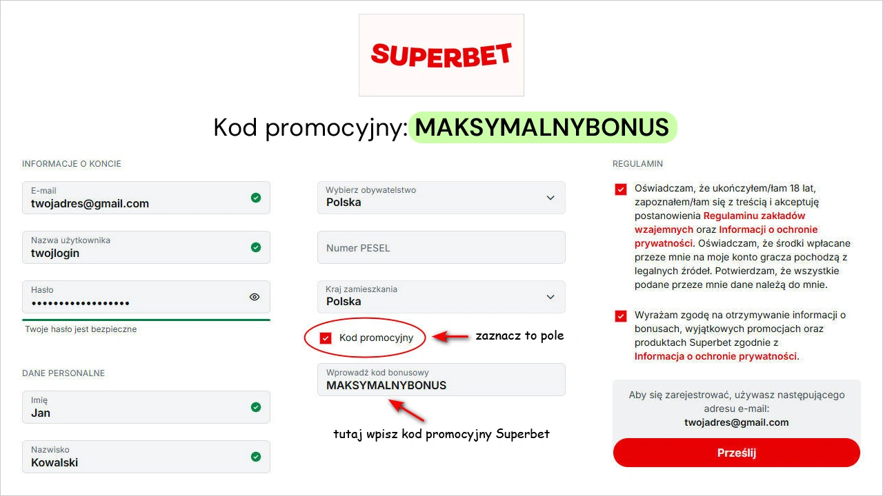 Kod promocyjny Superbet wpisz na pierwszej stronie formularza rejestracyjnego. kod promocyjny Superbet