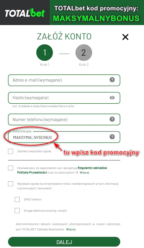 W TOTALbet kod promocyjny jest obowiązkowym elementem rejestracji - bez niego nie otrzymasz bonusu powitalnego kod promocyjny TOTALbet