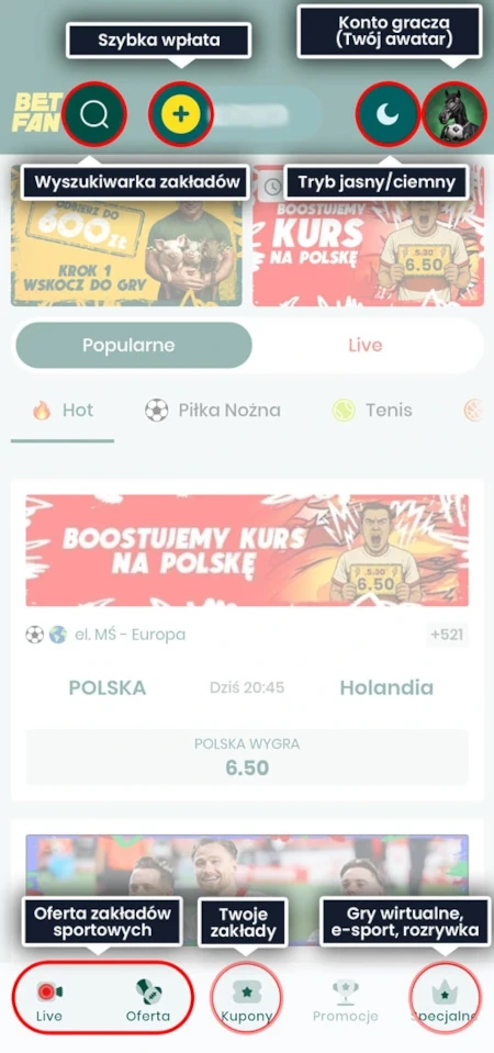 Betfan aplikacja interfejs