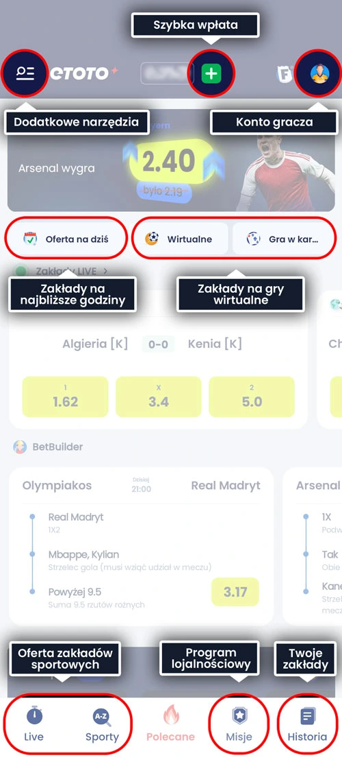 Opracowana przez ETOTO aplikacja jest niezwykle intuicyjna i przyjemna w obsłudze Etoto aplikacja - interfejs