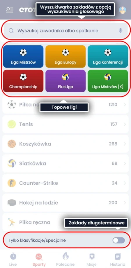 Aplikacja ETOTO zapewnia bardzo łatwe wyszukiwanie meczów, drużyn i zawodników ETOTO aplikacja - oferta przedmeczowa