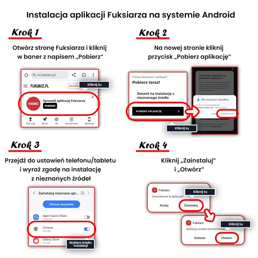 Instalacja aplikacji Fuksiarza na urządzeniu z Androidem wymaga wykonania 4 prostych kroków Fuksiarz aplikacja - instrukcja instalacji