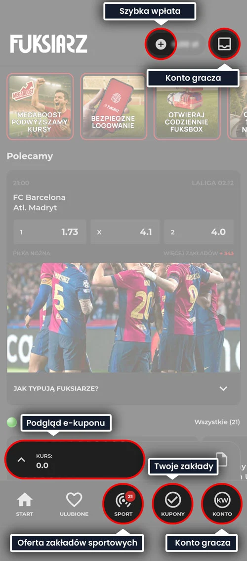 Fuksiarz aplikacja - interfejs