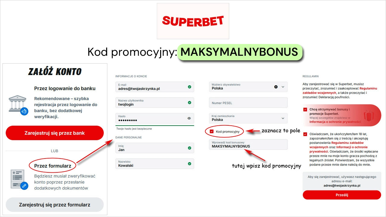 Kod promocyjny Superbet wpisz na pierwszej stronie formularza rejestracyjnego kod promocyjny Superbet