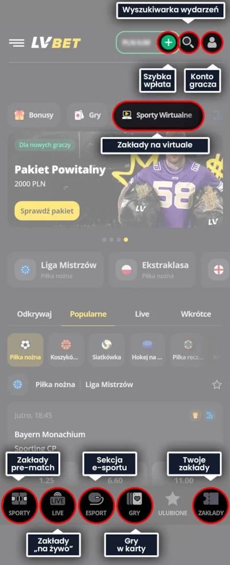 LV BET aplikacja - interfejs