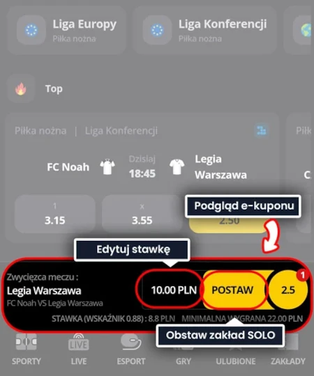 LV BET aplikacja - obstawianie zakładu