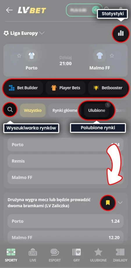 LV BET aplikacja - oferta przedmeczowa