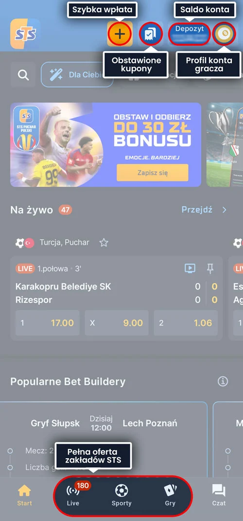 STS aplikacja - interfejs strona główna