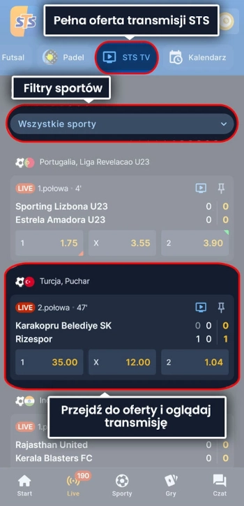 STS aplikacja - transmisje meczów