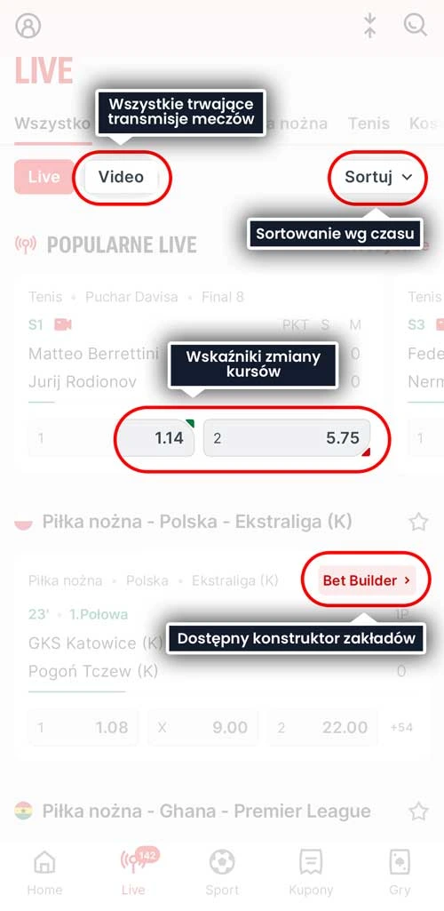 Superbet aplikacja - oferta live