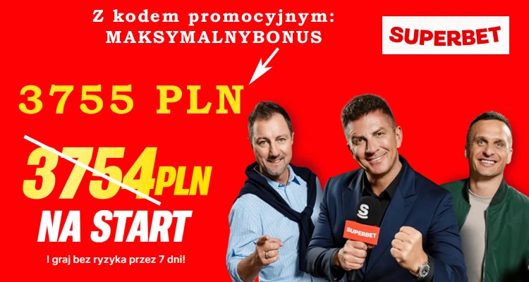 Z kodem promocyjnym MAKSYMALNYBONUS otrzymasz pakiet powitalny w łącznej wysokości 3 755 zł. Superbet - bonus z kodem promocyjnym