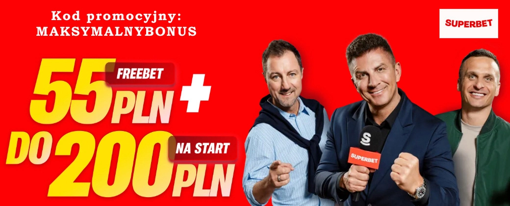 W Superbet z kodem promocyjnym MAKSYMALNYBONUS otrzymasz bonusy na start: Extra Freebet 35 zł, Freebet za aplikację 20 zł, podwojenie pierwszej wpłaty do 200 zł oraz okresowo dodatkową promocję na wybrany mecz Superbet kod promocyjny - bonus 55+200