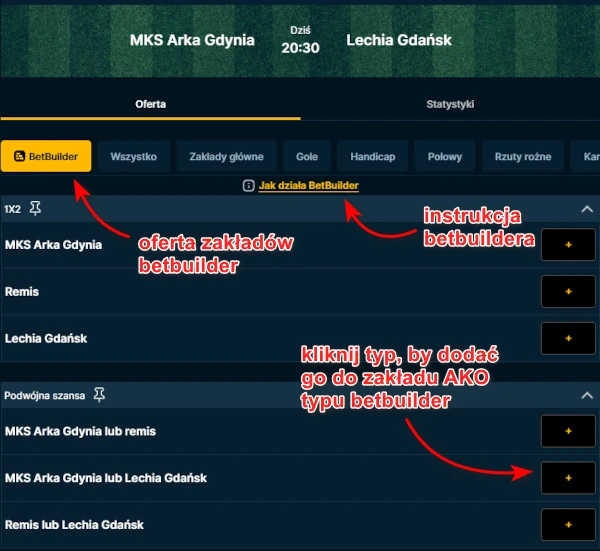 W zakładce „BetBuilder” znajdziesz wiele selekcji, które możesz obstawić na 1 zakładzie AKO AdmiralBet - oferta zakładów, piłka nożna