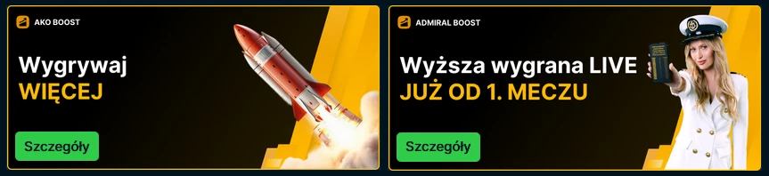 Wśród stałych promocji AdmiralBet wyróżnić trzeba te związane z boostami wygranych - AKO Boost i Admiral Boost AdmiralBet - promocje zwiększające wygrane - AKO Boost, Admiral Boost