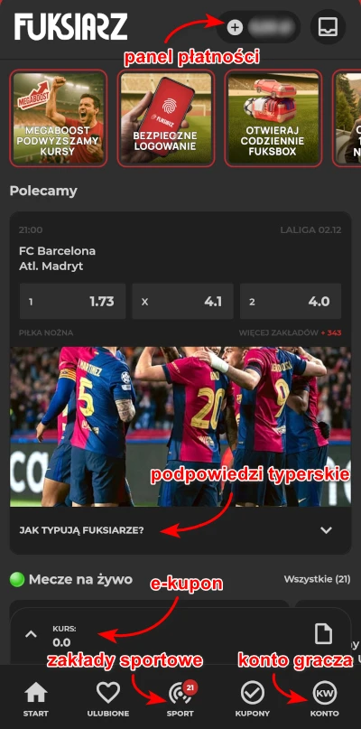 Fuksiarz - aplikacja mobilna widok główny