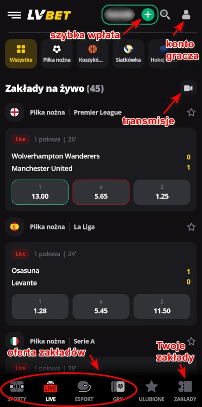 LV BET - aplikacja mobilna, widok oferty live