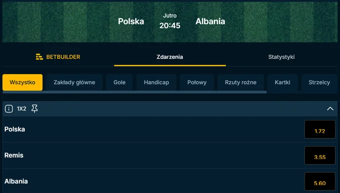 Kursy bukmacherskie AdmiralBet na Polska - Albania