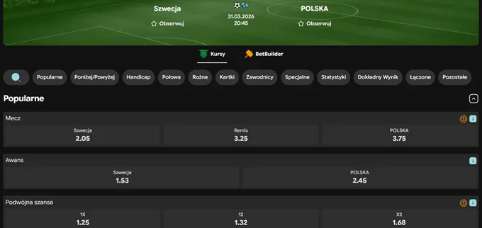 Szwecja - Polska. Kursy bukmacherskie Betfan