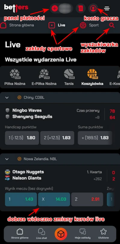 Betters - aplikacja mobilna, oferta live