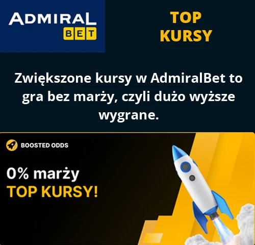 Promocja AdmiralBet „Top Kursy" łączy się z innymi bonusami, co oznacza możliwość podwójnej korzyści przy tym samym zakładzie AdmiralBet - promocja Top Kursy