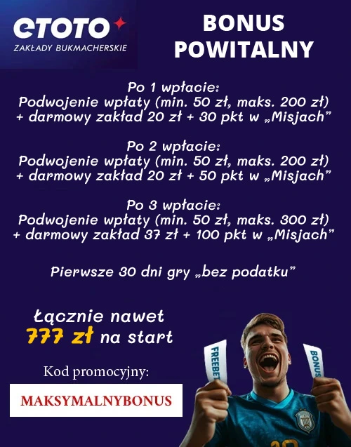 W ETOTO bonus powitalny daje wysoką kwotę środków bonusowych oraz możliwość gry przez 30 dni „bez podatku" ETOTO bonus