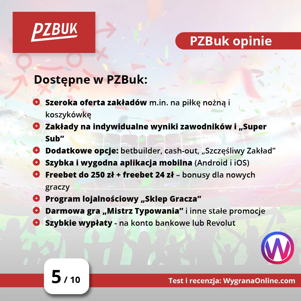 Pozytywne opinie o PZBuk wynikają z szerokiej oferty na wybrane sporty i kilku innych opcji - szczegóły na grafice PZBuk opinie