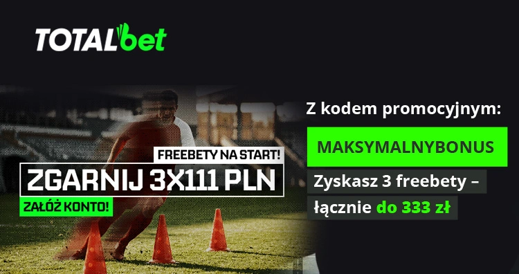 W TOTALbet bonus powitalny dochodzi do 333 zł. Zakładając konto, podaj kod promocyjny: MAKSYMALNYBONUS TOTALbet - bonus z kodem promocyjnym