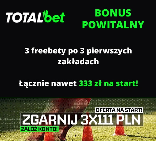 Oferowany przez TOTALbet bonus powitalny to łacznie 333 zł na start TOTALbet bonus