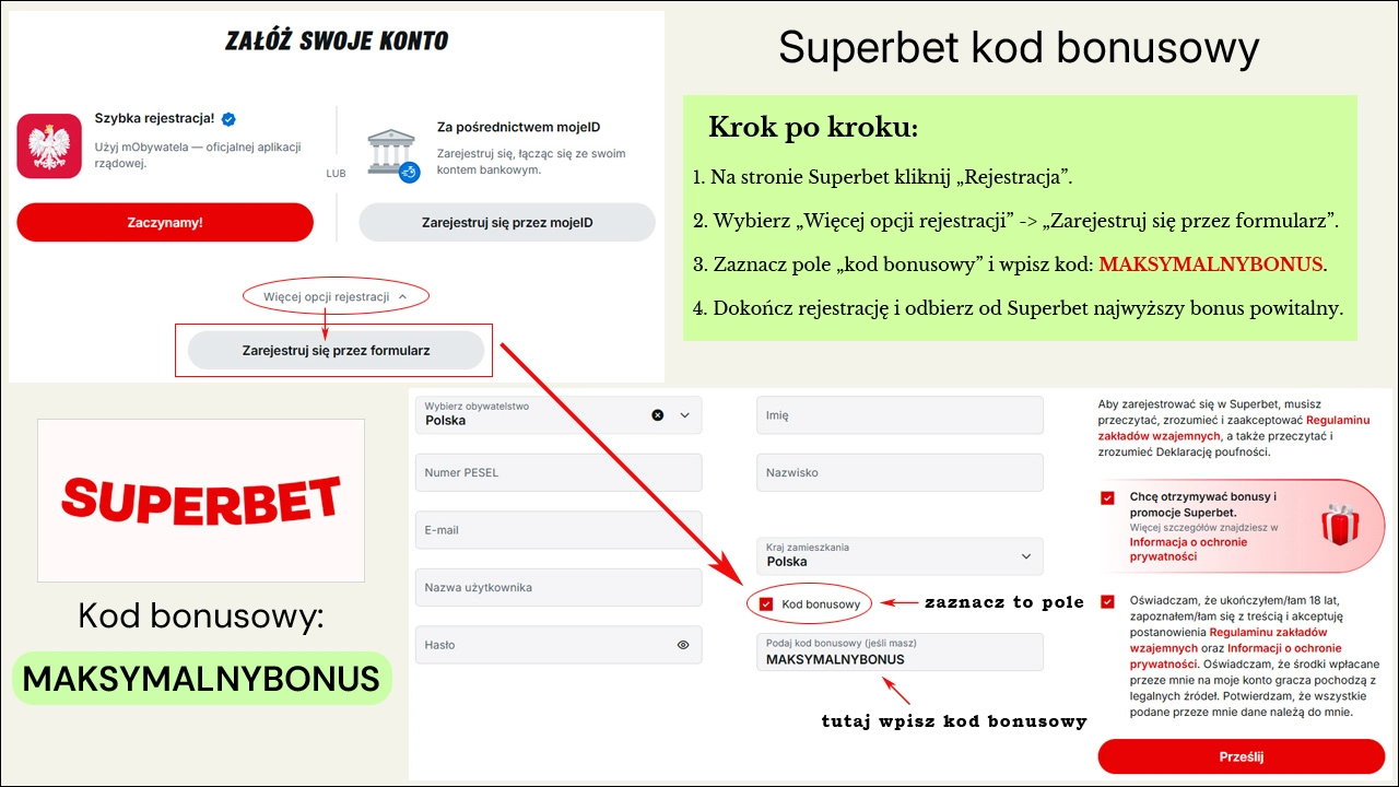 Kod bonusowy Superbet wpisz na pierwszej stronie formularza rejestracyjnego kod bonusowy Superbet