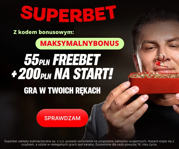 W Superbet z kodem bonusowym MAKSYMALNYBONUS otrzymasz bonusy na start: Extra Freebet 35 zł, Freebet za aplikację 20 zł, podwojenie pierwszej wpłaty do 200 zł oraz okresowo dodatkową promocję na wybrany mecz Superbet kod bonusowy - bonus