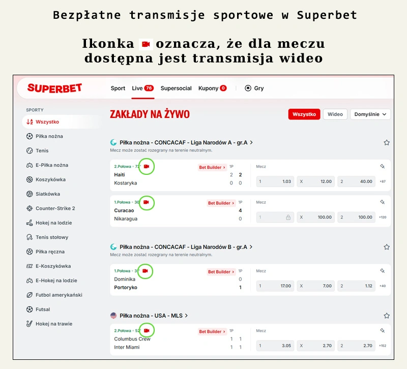 bezpłatne transmisje sportowe w Superbet
